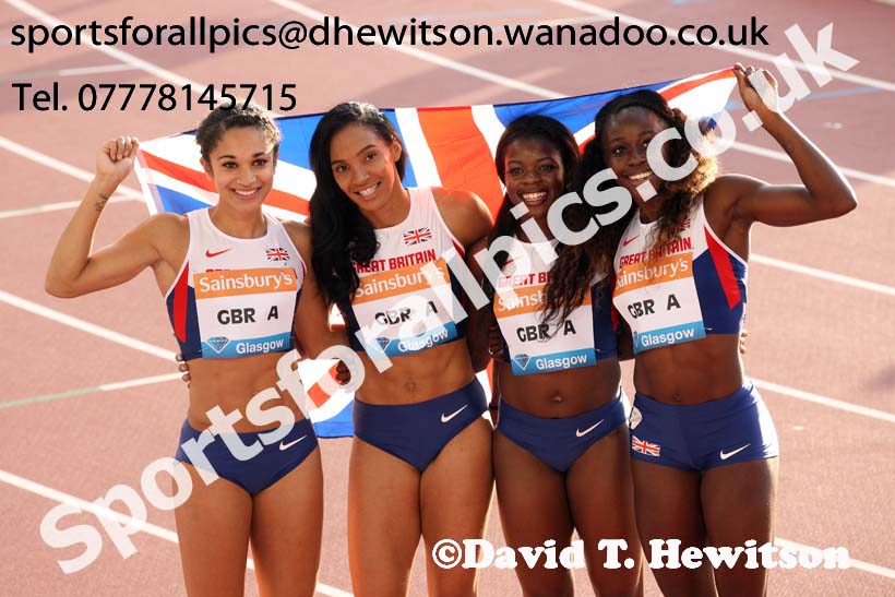 Womens GB A team winners of the 4 x 100 metres relay at the Glasgow Diamond League. Photo: David T. Hewitson/Sports for All Pics